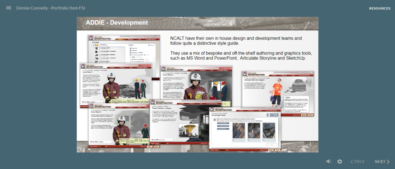 Screenshot of a PowerPoint slide showing designs from the Fire Scene Investigation course
