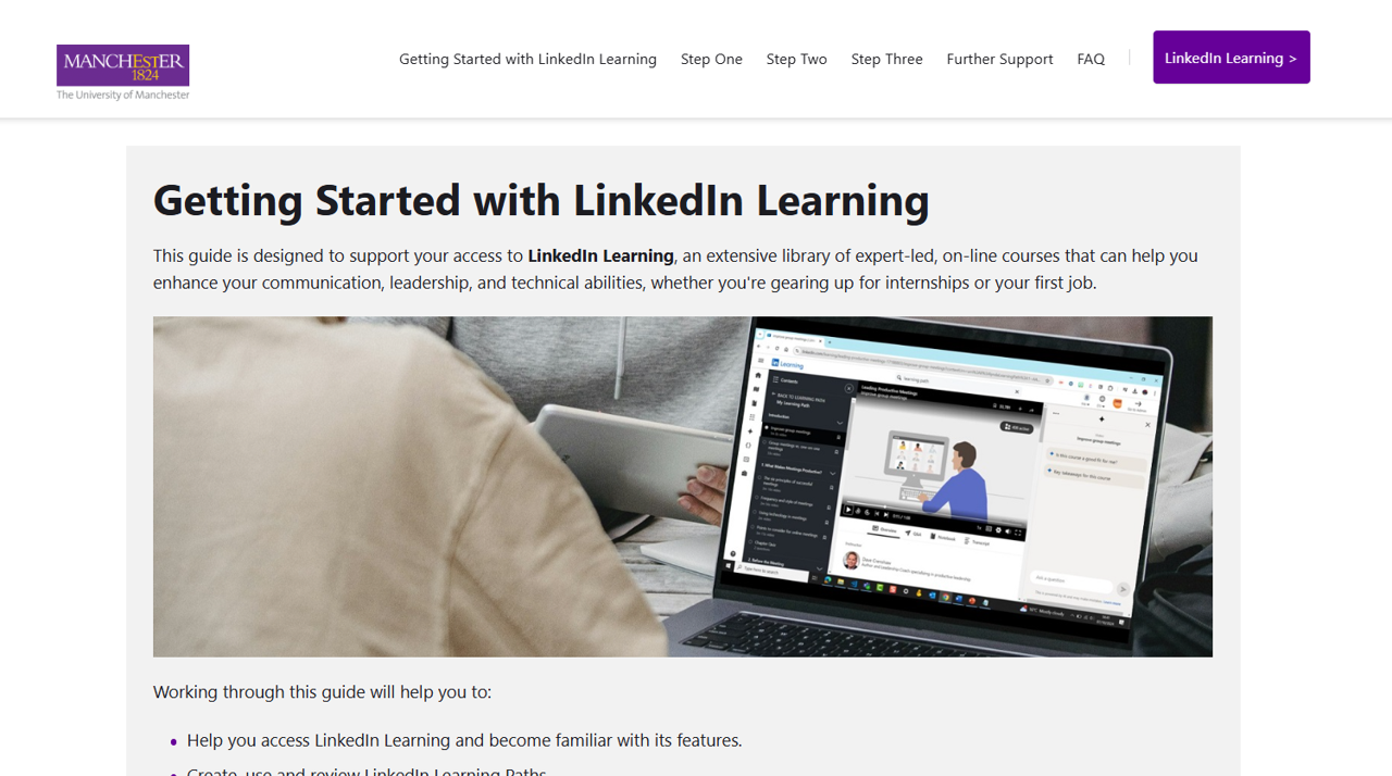 Screenshot of the University of Manchester wenpage entitled Getting Started with LinkedIn Learning.
