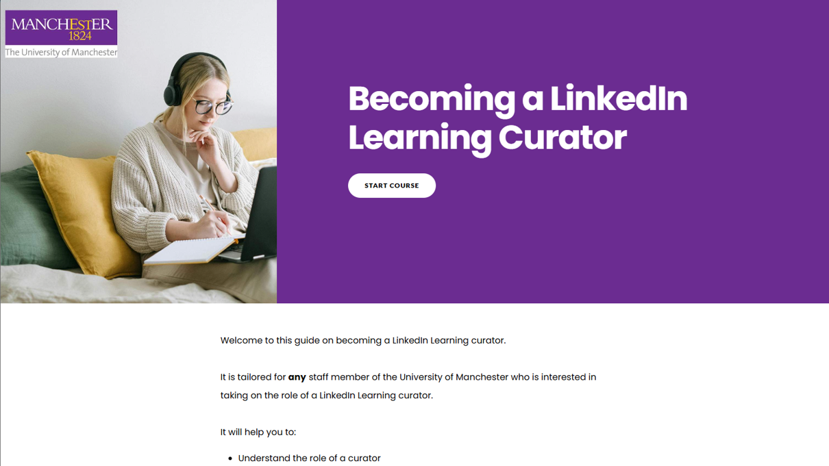 Screenshot of a LinkedIn Learning curator user guide landing page. The page title reads Becoming a LinkedIn Learning Curator with a brief introduction below explaining the role of a curator.